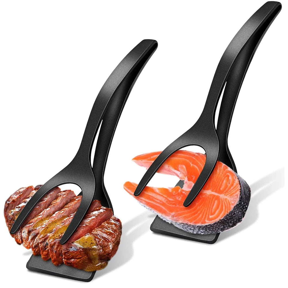 New 2 in 1 Grip Flip Spatula Tongs Egg Flipper Spatula Nylon Non Stick Coating Pancake Fish French Toast Omelet Making Tool - The Urban Blasts Ltd