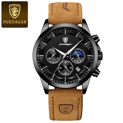 POEDAGAR Men Quartz Watch Luxury Sports Waterproof Chronograph Luminous Date, Man Wristwatch Leather Clock, Ideal For Valentine's Day