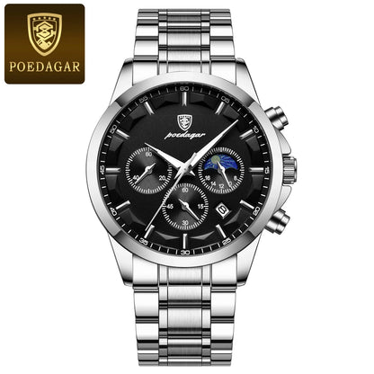 POEDAGAR Men Quartz Watch Luxury Sports Waterproof Chronograph Luminous Date, Man Wristwatch Leather Clock, Ideal For Valentine's Day