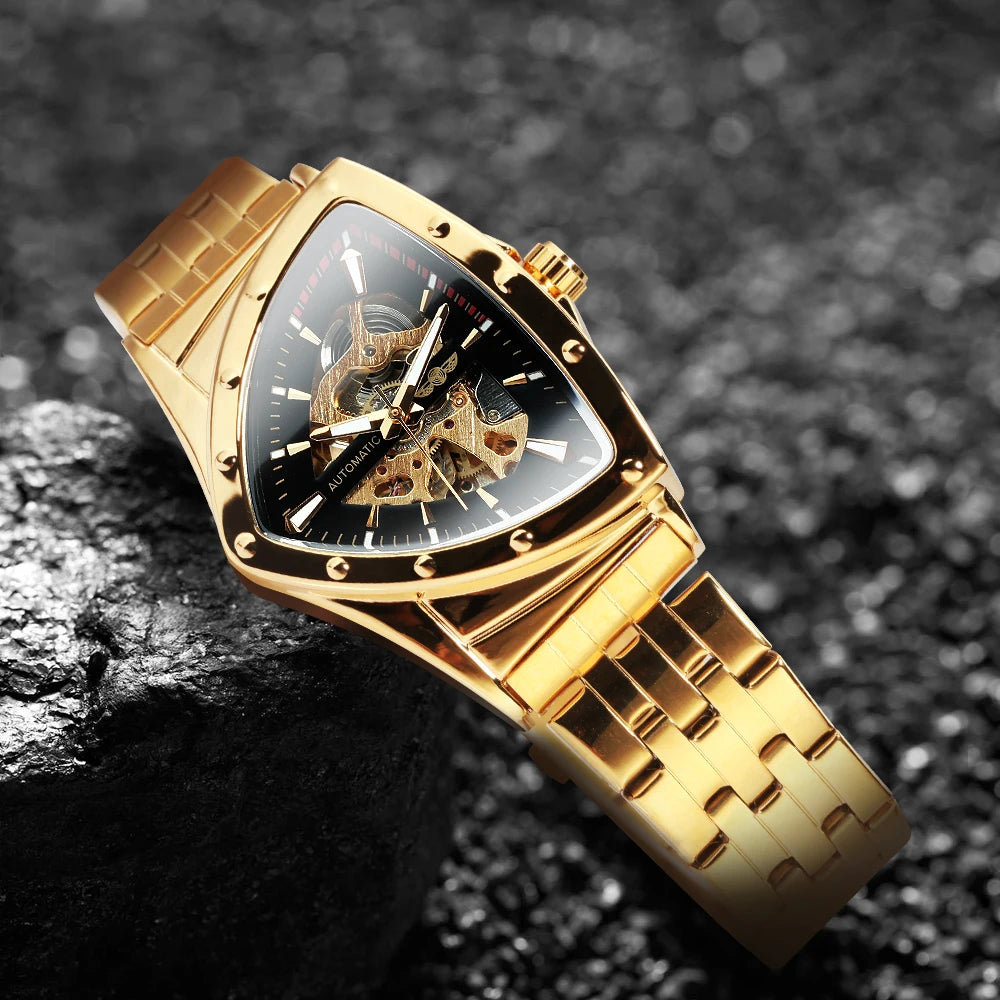 WINNER Military Triangle Skeleton Automatic Sports Luxury Mechanical Watches Gold Stainless Steel Strap Luminous Great for Valentine's Day