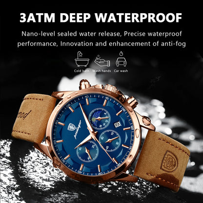 POEDAGAR Men Quartz Watch Luxury Sports Waterproof Chronograph Luminous Date, Man Wristwatch Leather Clock, Ideal For Valentine's Day