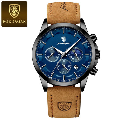 POEDAGAR Men Quartz Watch Luxury Sports Waterproof Chronograph Luminous Date, Man Wristwatch Leather Clock, Ideal For Valentine's Day