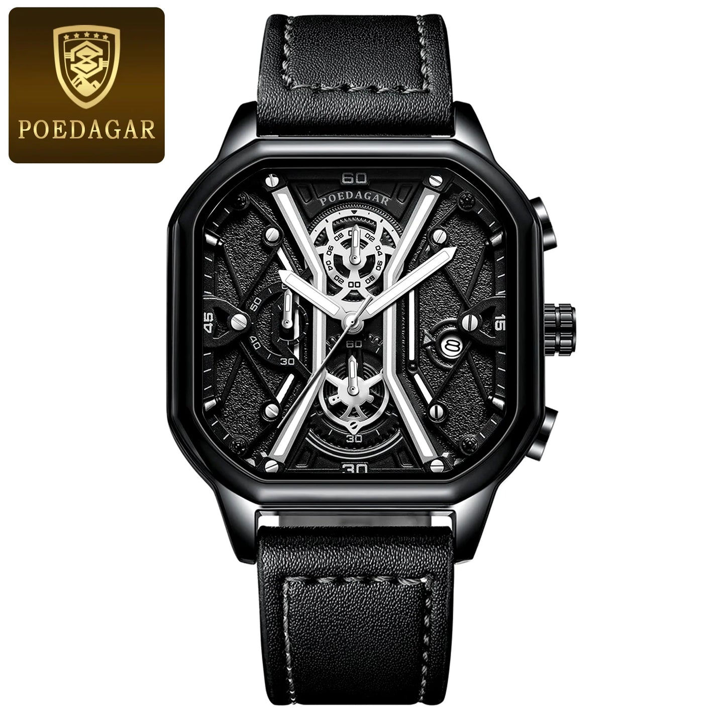 POEDAGAR Fashion Men Wristwatches Luxury Chronograph Luminous Waterproof Date, Square Dial Leather Quartz perfect for Valentine's Day