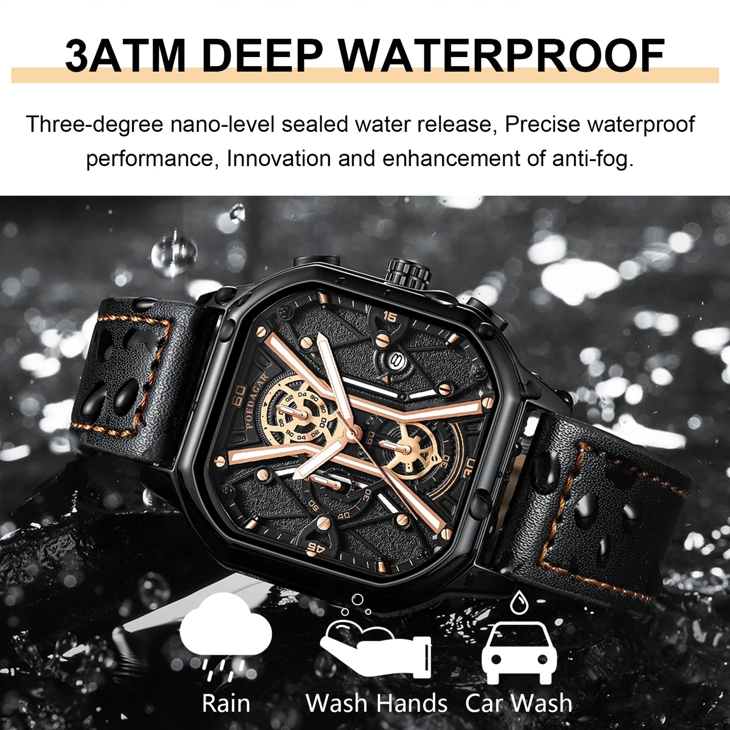 POEDAGAR Fashion Men Wristwatches Luxury Chronograph Luminous Waterproof Date, Square Dial Leather Quartz perfect for Valentine's Day